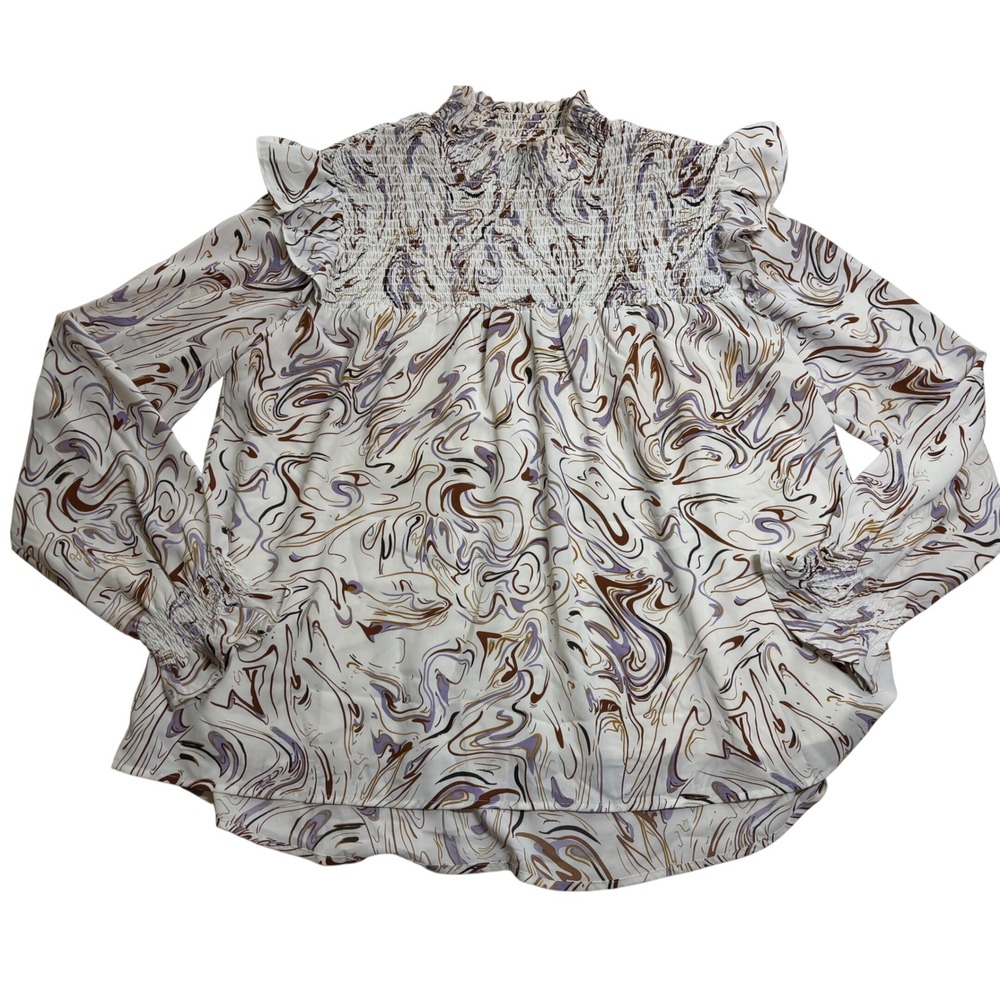 THML Blouse Women's White Excellent Marble Swirl Smocked Mock Neck Ruffle Size L